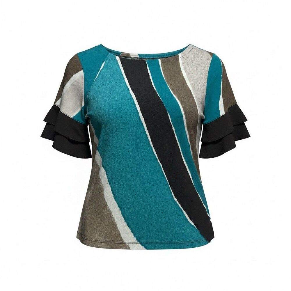 Chico's Travelers Women's Size 2 Blue Brown Striped 3/4 Sleeve Boat Neck Top NWT
